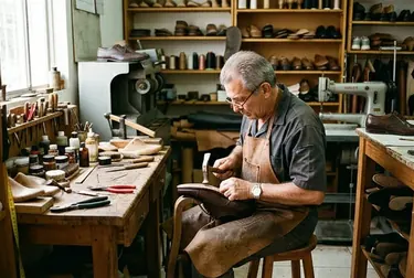 Sapateiro em Botucatu reformando um sapato social.