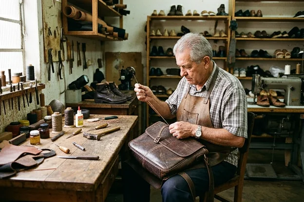 Sapateiro em Botucatu reformando uma bolsa de couro.