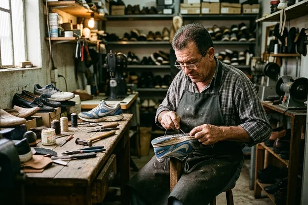 Sapateiro em Botucatu realizando reparo em um tênis.