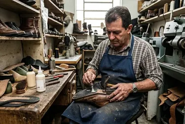 Profissional em Botucatu colando a sola descolada de um sapato.