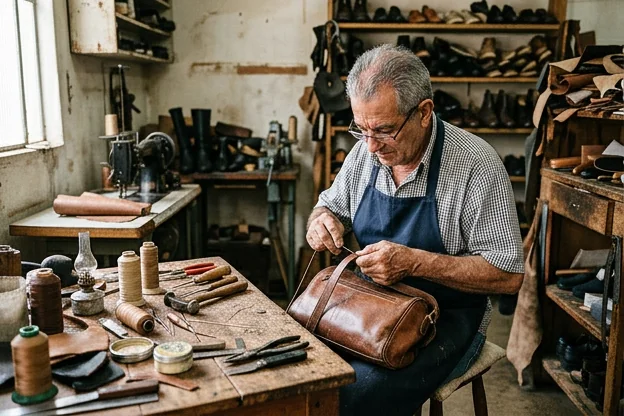 Sapateiro em Botucatu reformando uma bolsa de couro.