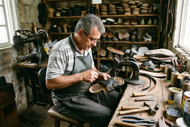 Profissional em Botucatu consertando uma sandália.