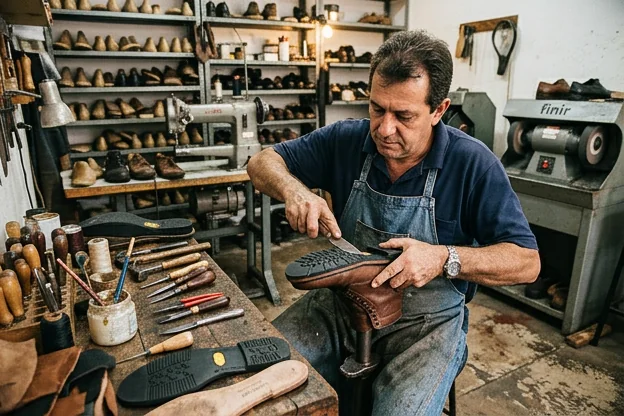 Profissional em Botucatu trocando o solado de um sapato.