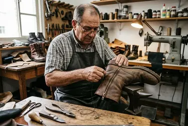 Sapateiro em Botucatu ajustando o zíper de uma bota.
