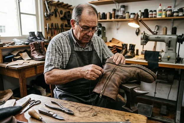 Sapateiro em Botucatu ajustando o zíper de uma bota.